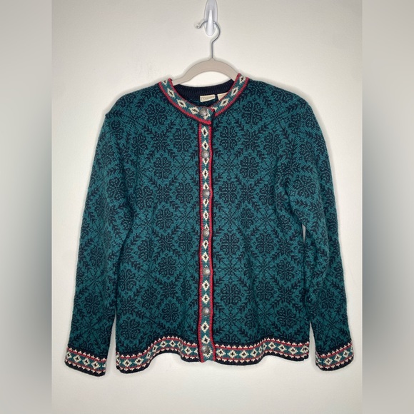 Vintage L.L. Bean Nordic Fair Isle 100% Merino Wool Knit Cardigan Sweater M - Picture 1 of 16